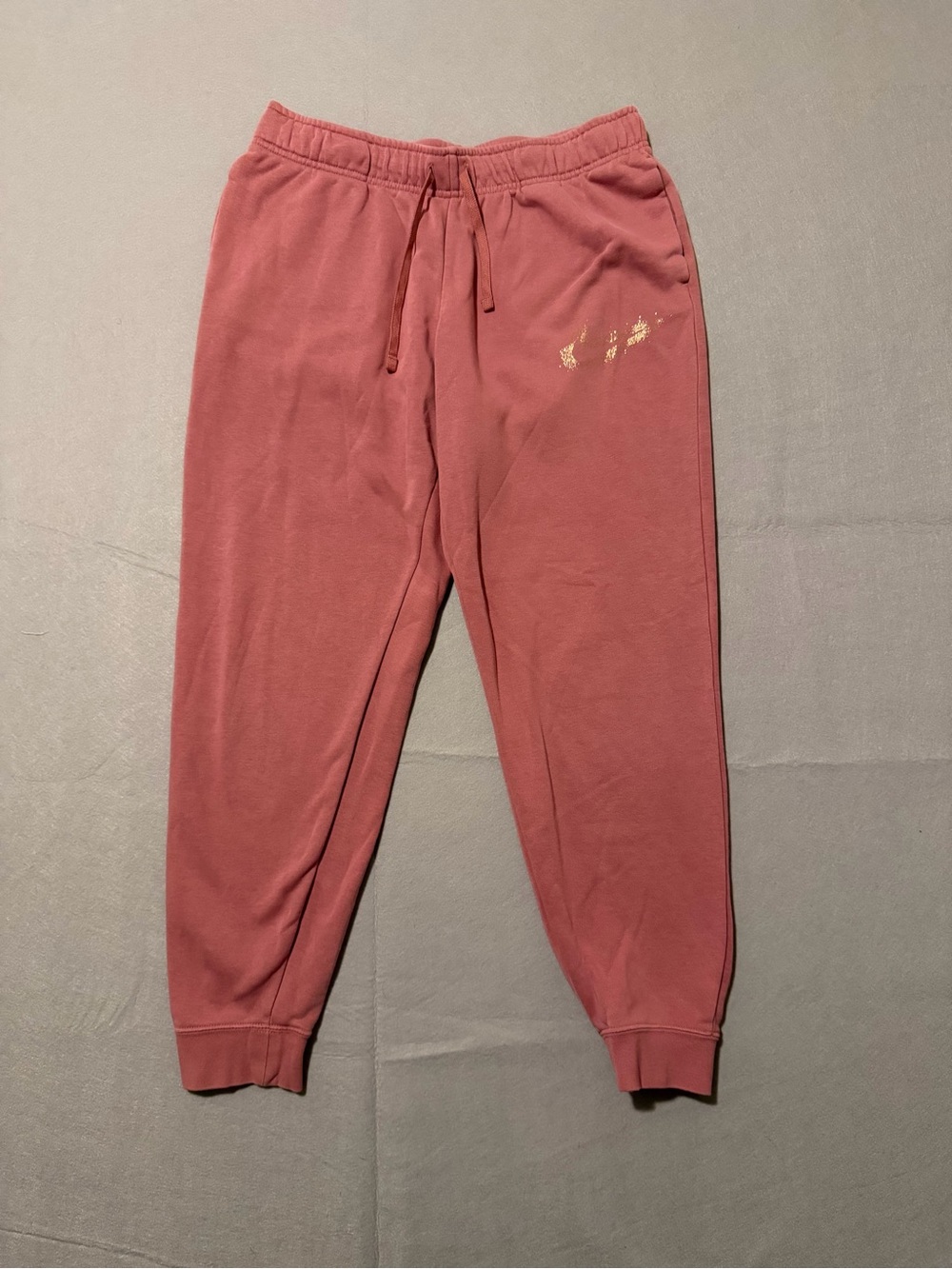Nike Women’s Large Jogger Dusty Pink Sweatpants Gold Glitter Swoosh Check Logo